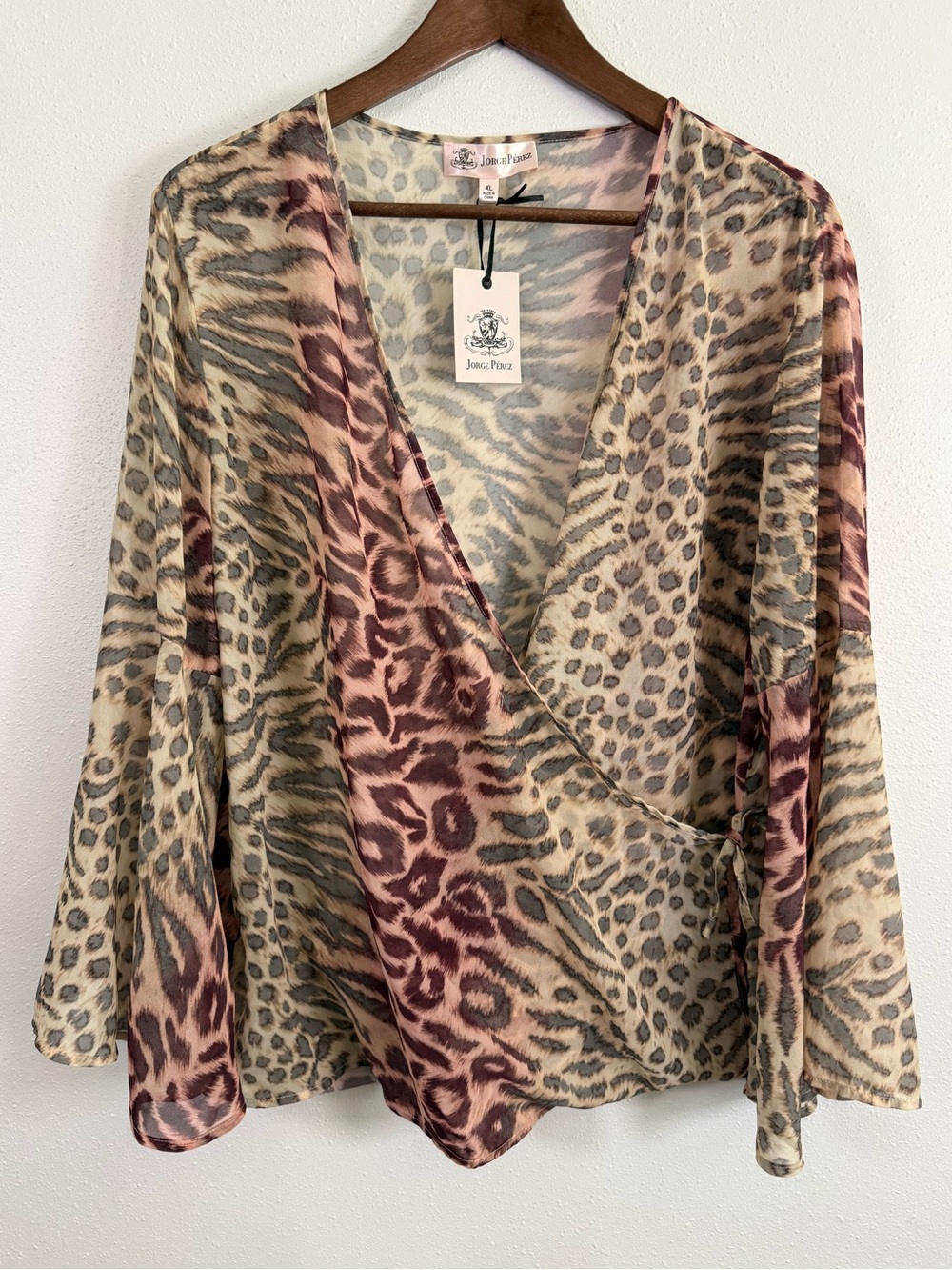 Jorge Perez NWT Animal Print Wrap Blouse XL Leopard Tiger Bell Sleeve